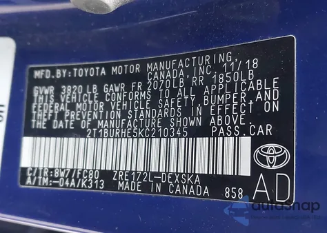 2019 Toyota Corolla Se z USA, uszkodzony, nr VIN 2T1BURHE5KC210345